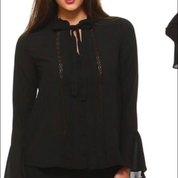 Chiffon Black Bell Sleeve Button Down Blouse - Picture 2 of 6